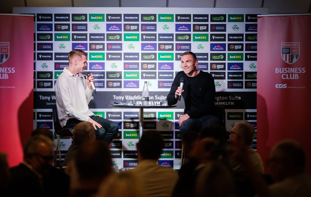 Sir Kevin Sinfield in conversation on stage at a Stoke City F.C. Business Club dinner